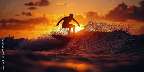 Surfer riding a wave during a vibrant sunset at the beach