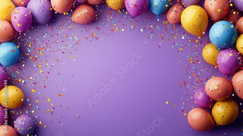 Colorful balloons and confetti arranged on a purple background for a festive ...
