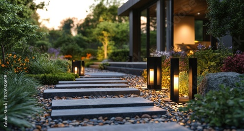 Stunning garden pathway illuminated by lanterns with vibrant flowers in a ser...