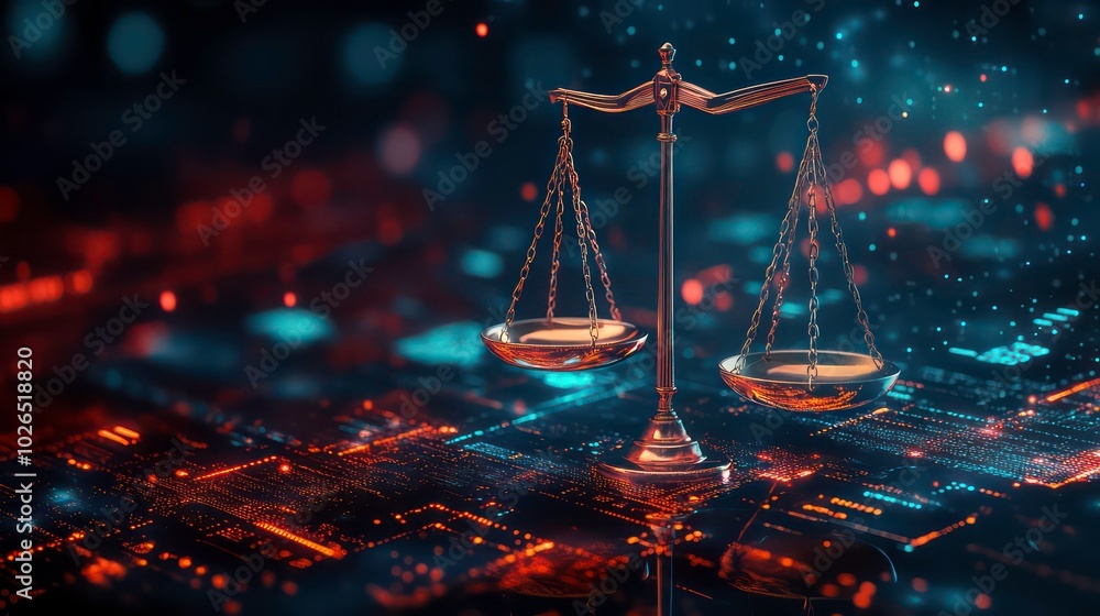 A golden scale of justice stands on a circuit board with glowing lights ...