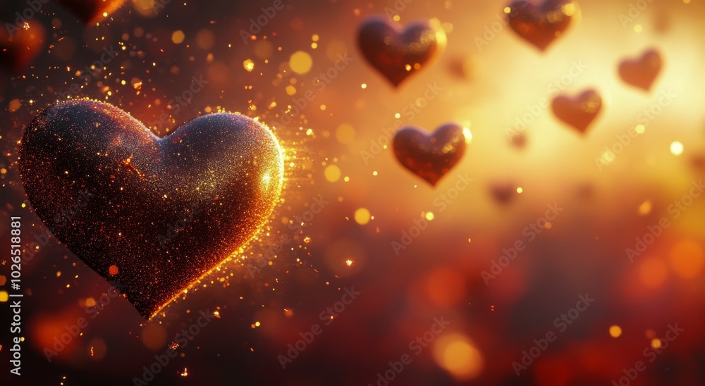 Floating hearts shining in a dreamy golden light during a romantic evening celebration Floating hearts shining in a dreamy golden light during a romantic evening celebration