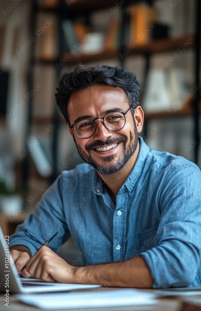 Man writing in a notebook while smiling in a cozy workspace with soft lighting Man writing in a notebook while smiling in a cozy workspace with soft lighting