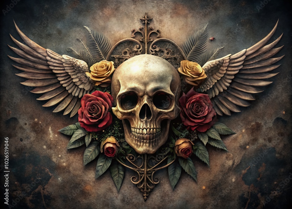 A haunting Gothic tattoo showcases a skull adorned with intricate wings and blooming roses, embodying dark elegance and vintage aesthetics in A haunting Gothic tattoo showcases a skull adorned with intricate wings and blooming roses, embodying dark elegance and vintage aesthetics in