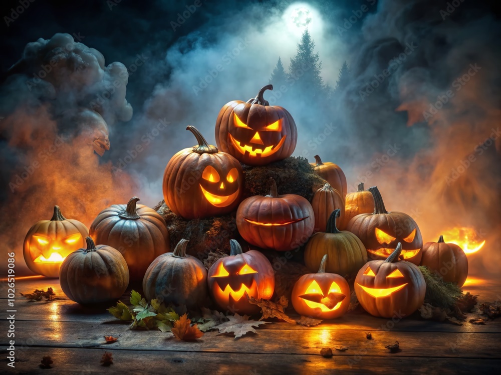 A haunting Halloween scene comes alive with glowing jack-o'-lanterns illuminating the night, while eerie monsters lurk, casting shadows that send A haunting Halloween scene comes alive with glowing jack-o'-lanterns illuminating the night, while eerie monsters lurk, casting shadows that send
