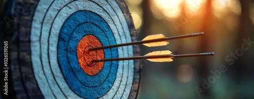 Arrows striking a colorful target at sunset in a tranquil forest setting