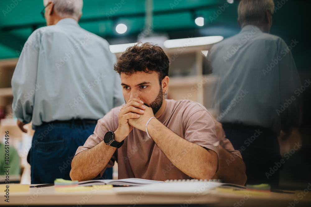A student sits thoughtfully in a classroom, engaging with an elderly professor. The image captures a moment of reflection and learning in an educational environment. A student sits thoughtfully in a classroom, engaging with an elderly professor. The image captures a moment of reflection and learning in an educational environment.