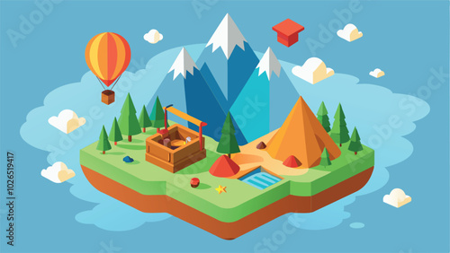 An isometric illustration depicting a floating island with a mountain range, a hot air balloon, trees, a small stream, and a wooden box with a crane.