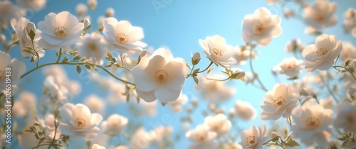 A vibrant field of white flowers blooms under a bright blue sky on a sunny day