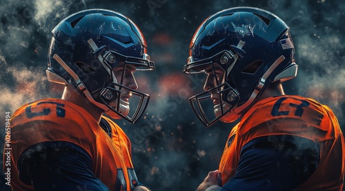 Two football players in vibrant orange uniforms face off with intense express...