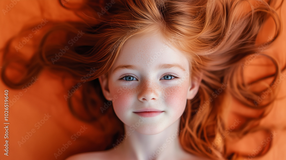 Naklejka premium A portrait of a girl with red hair and blue eyes lying on an orange background. Her face is calm, her hair spread around her head in gentle waves
