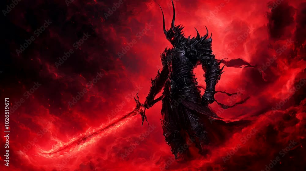 A towering dark figure clad in spiked armor wields a flaming sword ...