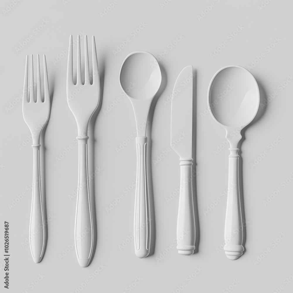 a white silverware set including forks, knife, and spoons, modern minimalist design, copy space a white silverware set including forks, knife, and spoons, modern minimalist design, copy space