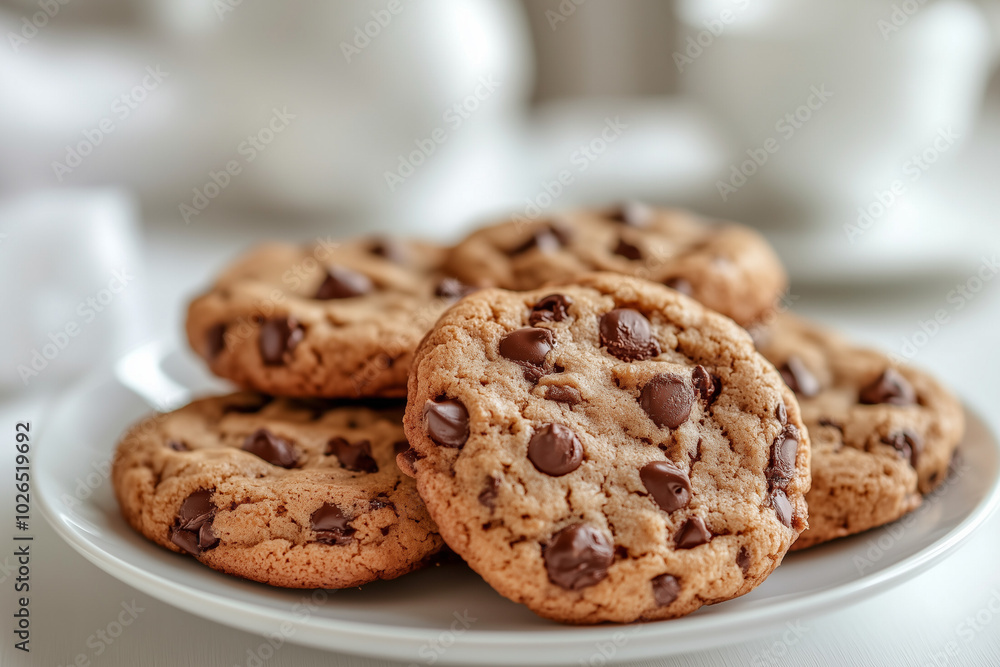 Chocolate chip cookies on a white plate Chocolate chip cookies on a white plate