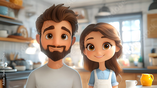 Two animated characters in a cozy kitchen, smiling and enjoying the warm atmosphere during a bright morning