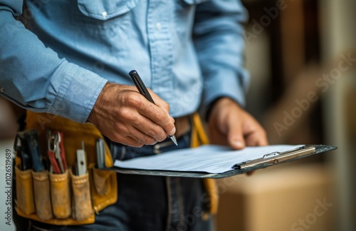A person preparing documentation while inspecting a floor inside a constructi...