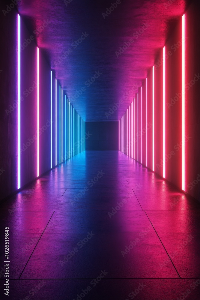 Vibrant neon lights illuminate a foggy pathway in an artistic display of colors at night Vibrant neon lights illuminate a foggy pathway in an artistic display of colors at night