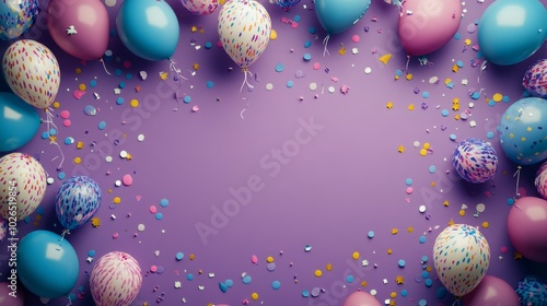 Colorful balloons and confetti arranged on a purple background for a festive ...