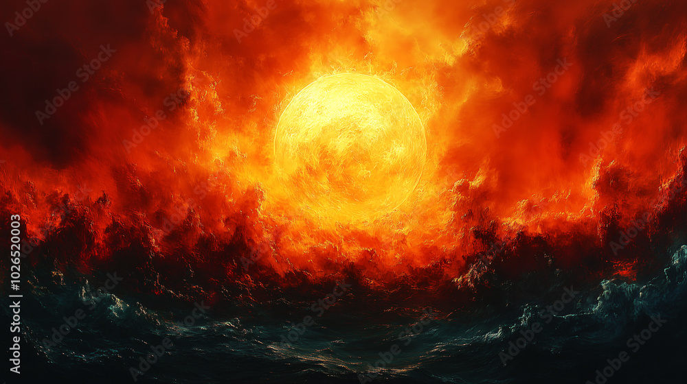 A fiery, apocalyptic sun blazes above a tumultuous, churning sea. The sun's intense, orange and yellow light casts an ominous glow over the scene A fiery, apocalyptic sun blazes above a tumultuous, churning sea. The sun's intense, orange and yellow light casts an ominous glow over the scene
