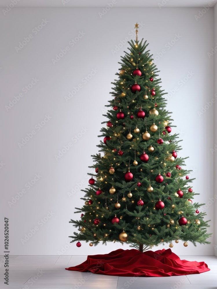 A decorated Christmas tree with red and gold ornaments, set against a minimalistic background. A decorated Christmas tree with red and gold ornaments, set against a minimalistic background.