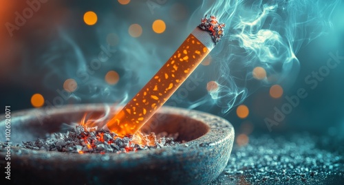 Burning cigarette resting in ash with smoke rising in a dimly lit environment