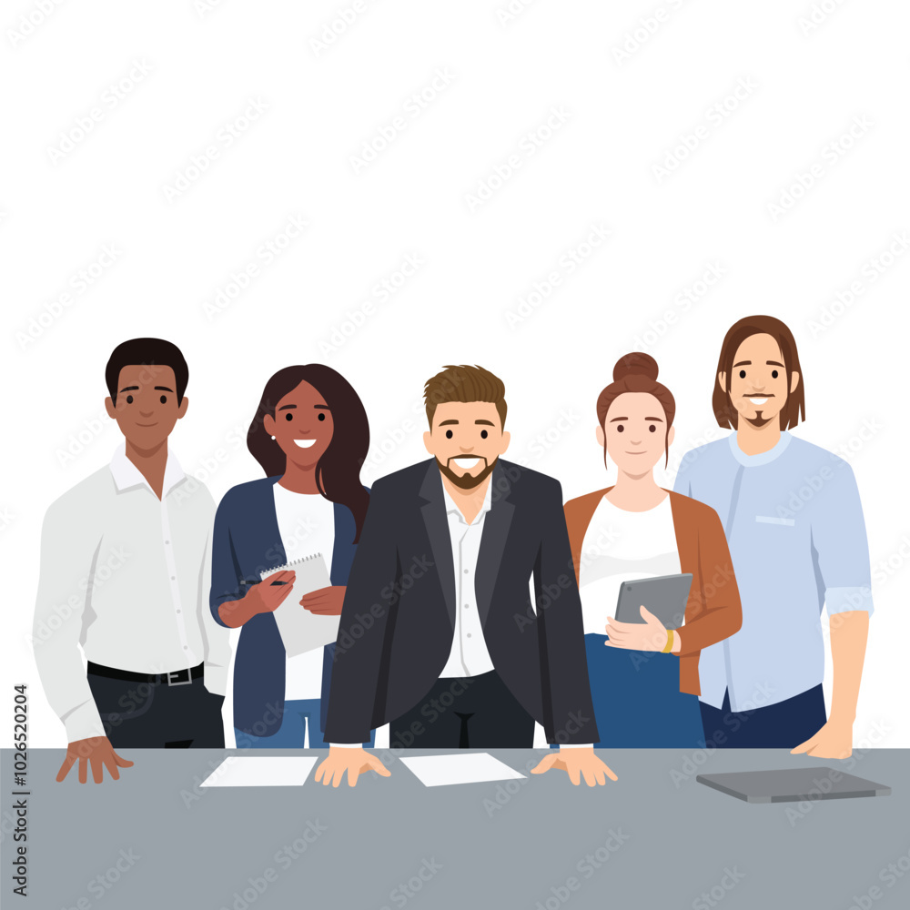 Young diverse multiethnic business team. Flat vector illustration isolated on white background Young diverse multiethnic business team. Flat vector illustration isolated on white background