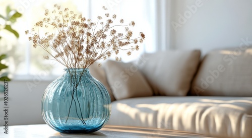 A serene interior scene featuring dried flowers in a blue vase on a wooden table