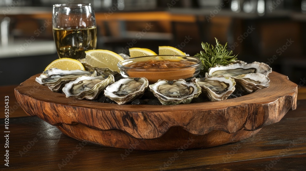 Fototapeta premium Fresh Oysters on a Wooden Platter with Lemon Slices