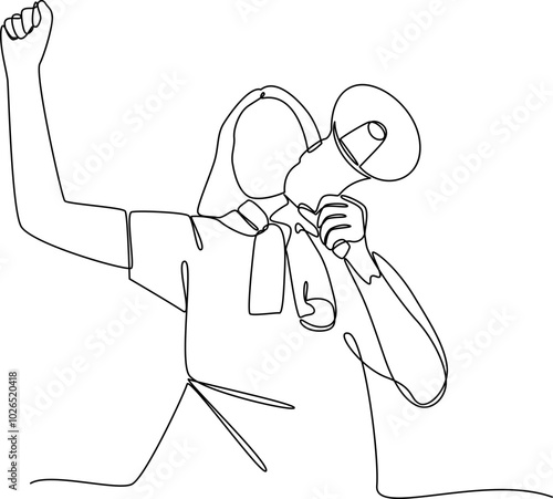Woman using megaphone one line art vector