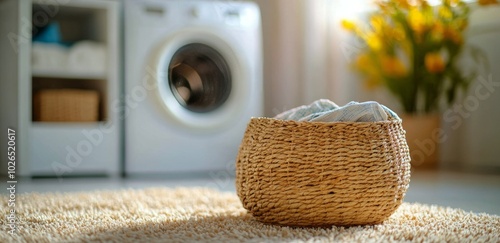Cozy indoor laundry room with a woven basket and fresh greenery in a bright s...