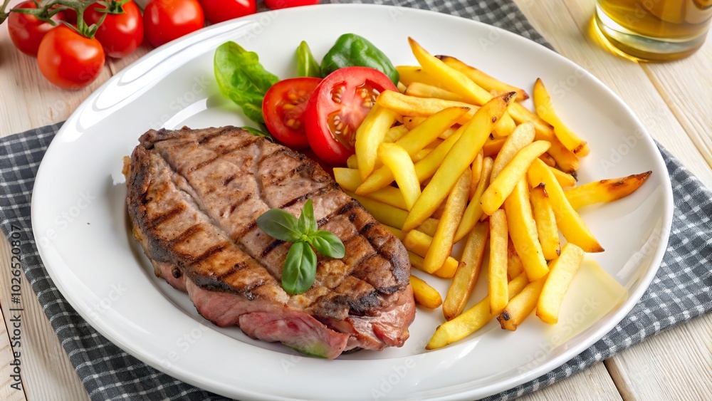 A delicious veal entrecote served on a white plate with fresh vegetables and crispy fries at a cozy dining table A delicious veal entrecote served on a white plate with fresh vegetables and crispy fries at a cozy dining table