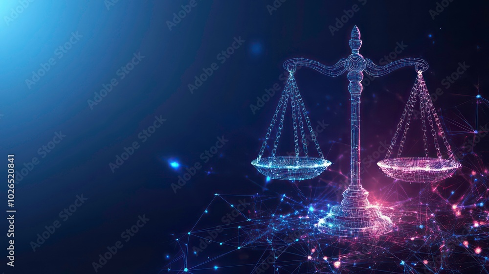 Abstract digital representation of a scale of justice with glowing blue and purple particles. Abstract digital representation of a scale of justice with glowing blue and purple particles.