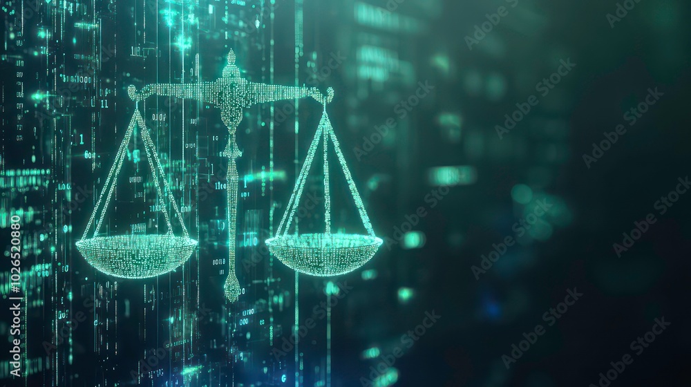 Digital scales of justice on a background of binary code, representing the concept of digital law or legal technology. Digital scales of justice on a background of binary code, representing the concept of digital law or legal technology.