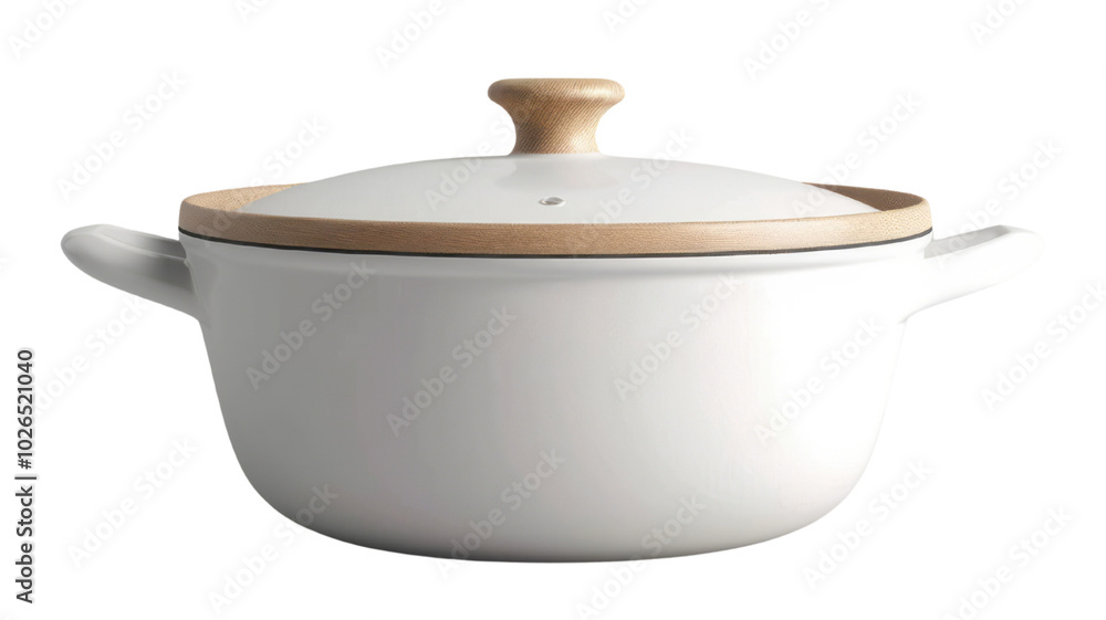 A white enameled pot with a wooden lid on a transparent background shown from the front in an illustration style with simple lines. A white enameled pot with a wooden lid on a transparent background shown from the front in an illustration style with simple lines.