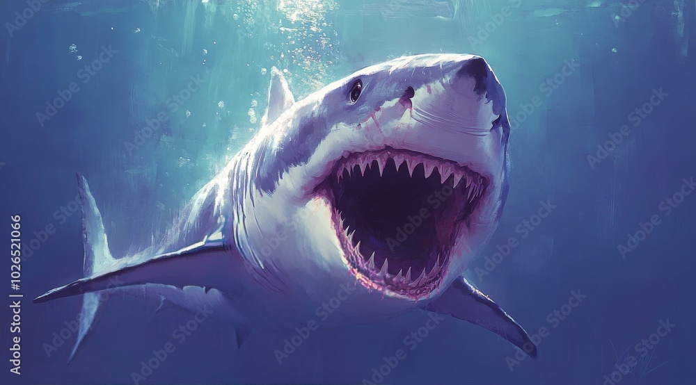 Obraz premium A fierce shark breaching the oceans surface under a dramatic sky at sunset