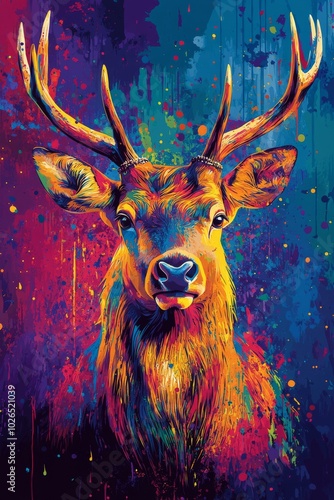 A vibrant deer head against a colorful, abstract background in a modern artistic style