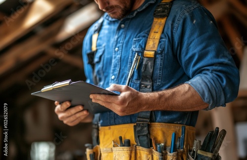 Builder inspecting progress with clipboard and tools at a construction site d...