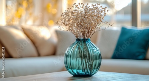 A decorative vase with dried flowers in a bright living room setting during d...