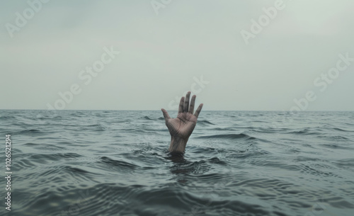 A hand reaching out of the water for help in an ocean with a white background, showing just one arm above the surface.