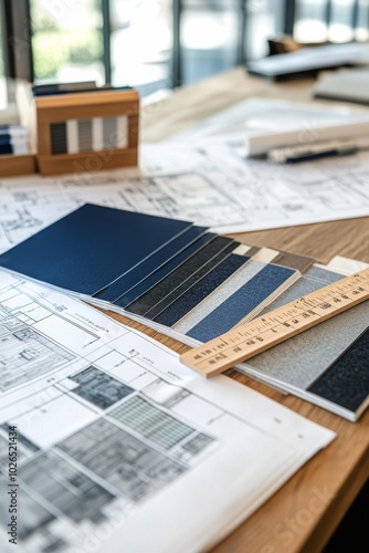 Design workspace featuring color swatches and architectural blueprints in nat...
