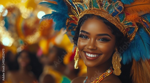 A joyful dancer in a vibrant costume at a colorful carnival celebration in th...