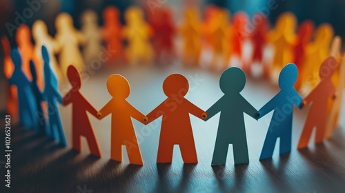 paper cut-out humans holding hands in a chain, celebrating diversity, friendship, and community solidarity	