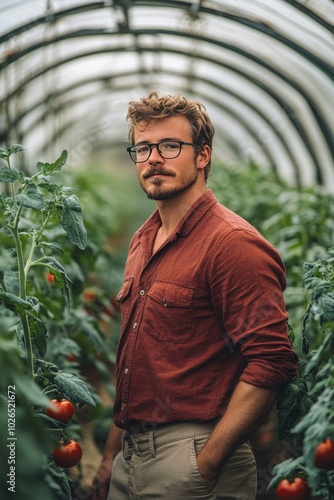A farmer tending to fresh tomatoes in a greenhouse on a sunny afternoon