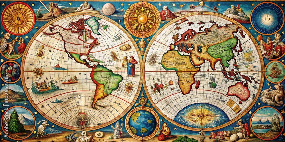 Ancient World Map with Constellations and Astrology Elements for Cartography Enthusiasts Ancient World Map with Constellations and Astrology Elements for Cartography Enthusiasts