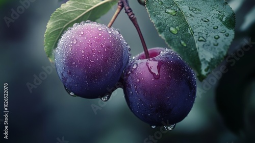 Freshly picked cherries glistening with dew on a tree branch during early mor...