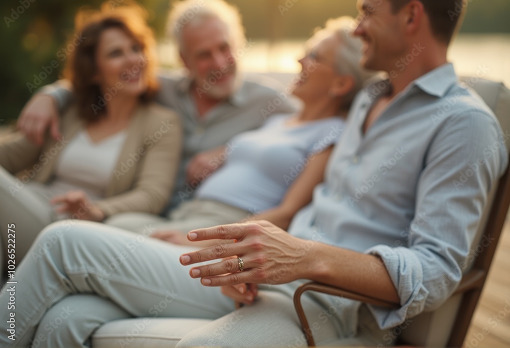 A group of family members is sitting together indoors, laughing and enjoying a conversation in a warm and cozy setting. The relaxed atmosphere and joyful interaction create a happy family gathering. A group of family members is sitting together indoors, laughing and enjoying a conversation in a warm and cozy setting. The relaxed atmosphere and joyful interaction create a happy family gathering.