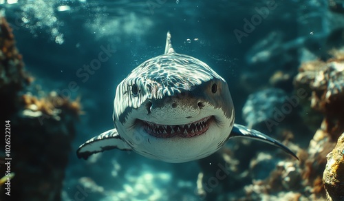 A shark swims directly toward the camera, revealing its sharp teeth and uniqu...