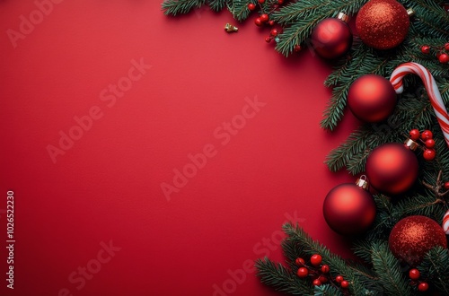 Festive Christmas decorations with red ornaments and greenery on a bright red...