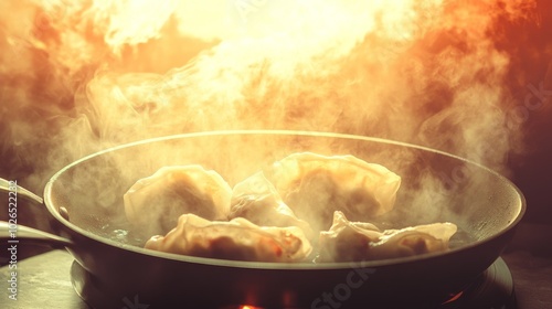 Steaming Dumplings in a Hot Pan