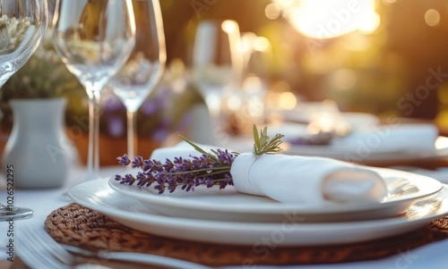 Elegant table setting with white wine and lavender at a cozy outdoor gatherin...