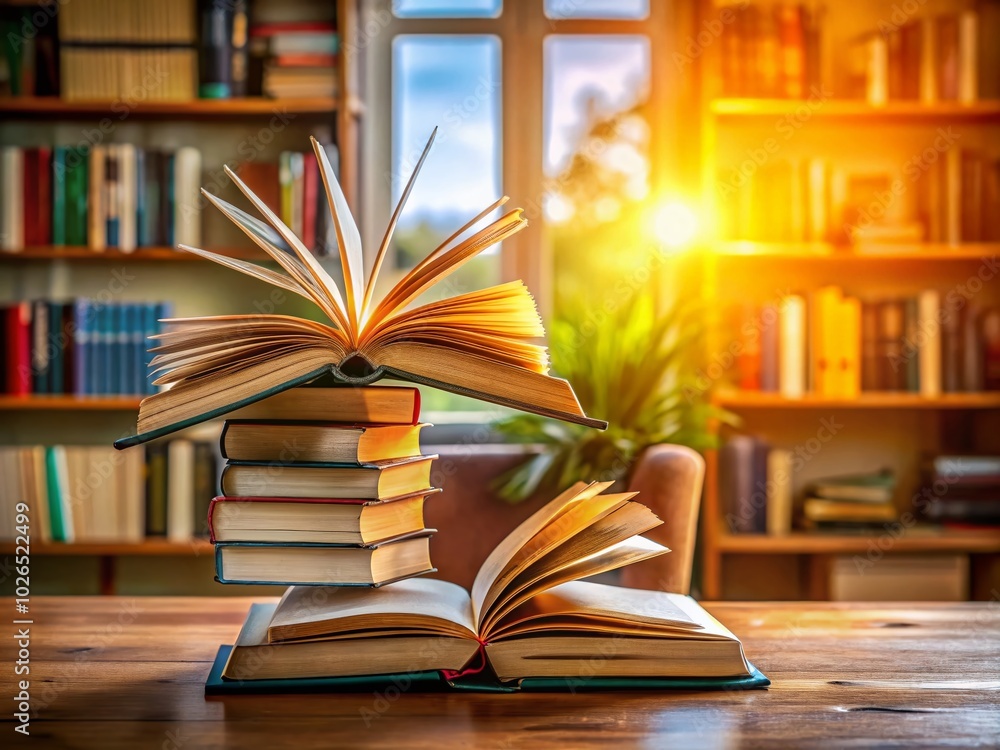 An open book resting atop a stack of closed ones creates an ideal study ambiance for book lovers, inspiring focus and passion for reading. An open book resting atop a stack of closed ones creates an ideal study ambiance for book lovers, inspiring focus and passion for reading.